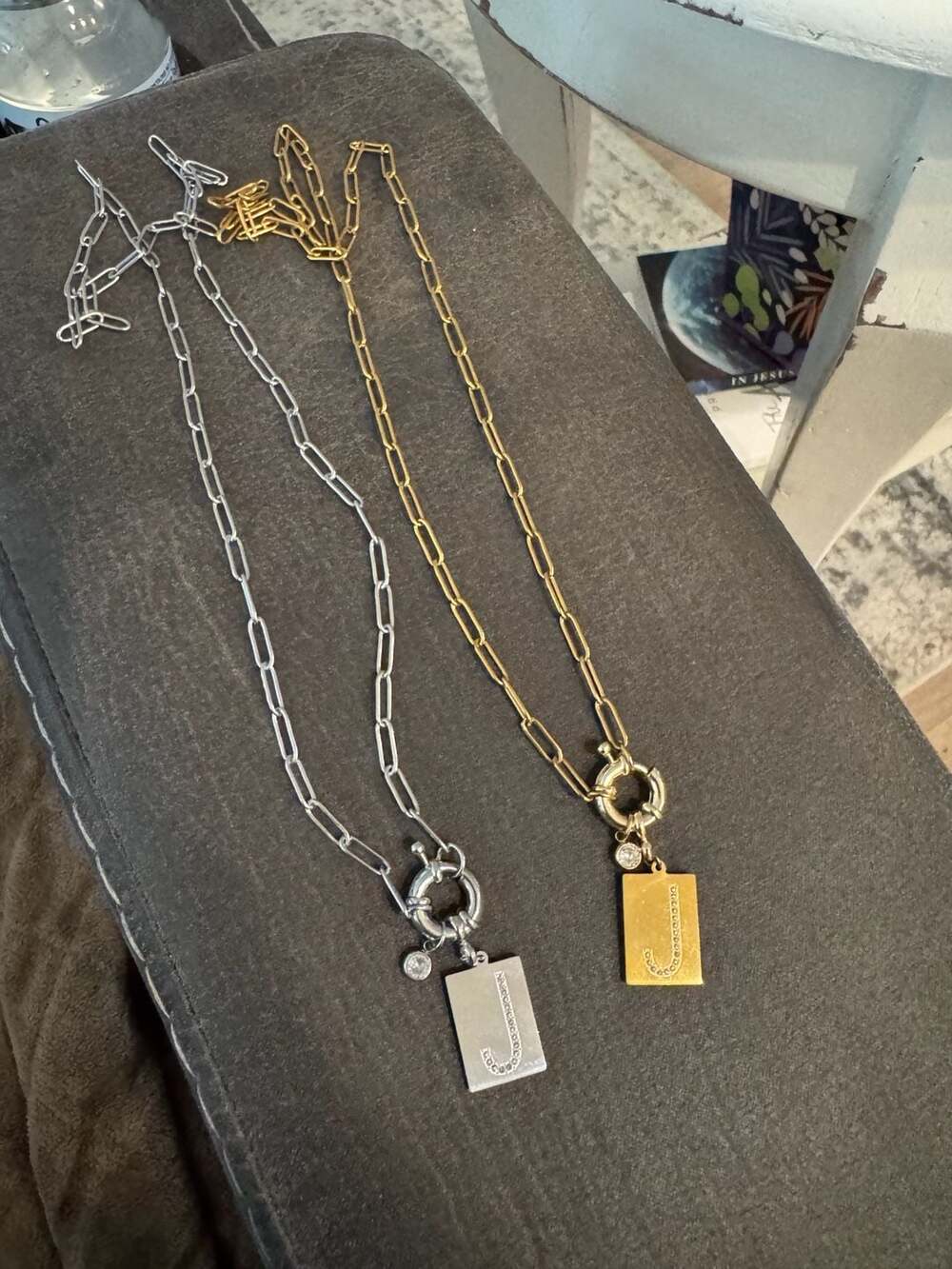 Mint & Lily Pave Initial Pave Necklace with Paperclip Chain - “J” Silver & Gold
